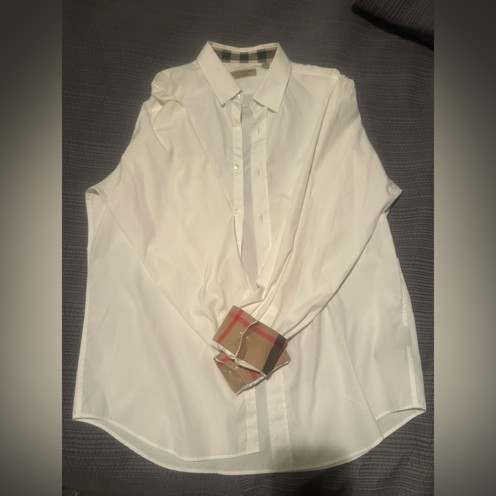 Burberry Men's White Shirt with Checkered Cuffs